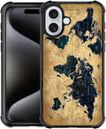 for iPhone 16 Plus Case, Brown World Map Pattern Graphic Design Girl Boy Soft Silicone Hard Acrylic Shock Protection for iPhone 16 Plus