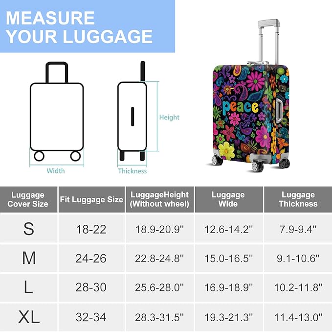 ANNA QUEEN Peace Flowers Travel Luggage Cover -Spring Stretchable Airplane Suitcase Protector Sleeve,Universal Washable Fit for 20-26 Inch Checked Baggage,Water Resistant Durable Luggage Protector