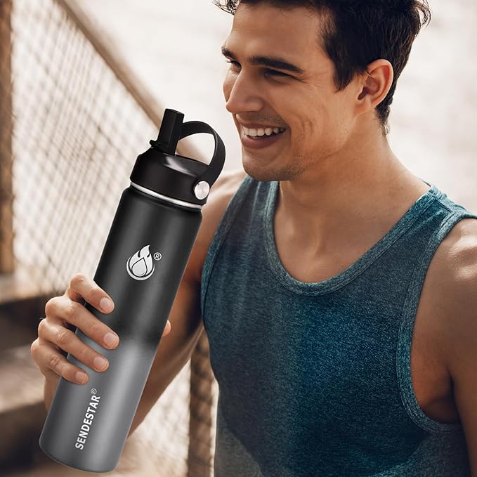Insulated Water Bottle 32 oz with Straw, Stainless Steel Wide Mouth Water Bottle, Double Wall Vacuum Leak Proof with Straw Lid & Spout Lid for Sports or Office, Keep Cold or Hot Up to 24 Hrs