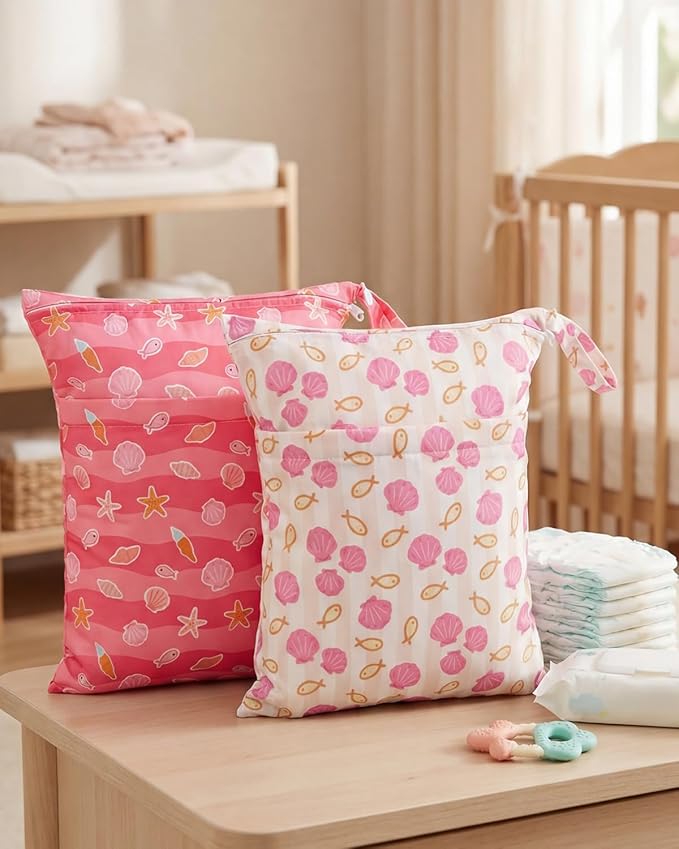 ALVA ALVABABY 2pcs Waterproof Wet Dry Bags,Reusable with Two Zippered Pockets,Baby Cloth Diaper,Travel,Beach,Pool,Daycare,Soiled Baby Items,Yoga Gym Bag,Swimsuits or Wet Clothes