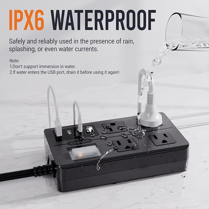 10FT Outdoor Waterproof Power Strip Surge Protector with 4AC Outlets 4USB Ports Power Switch Safety Lock, ETL Certified for Patio Garden Charging