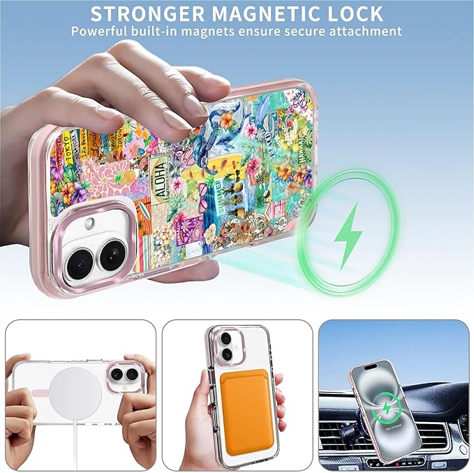 Case for iPhone 16 Plus,[Compatible with MagSafe],Hawaii Aloha Cover Coastal Beach Collage Phone Case Design，for Women Girls Magnetic Clear Cover - Slim, Sleek, & Shockproof Protection