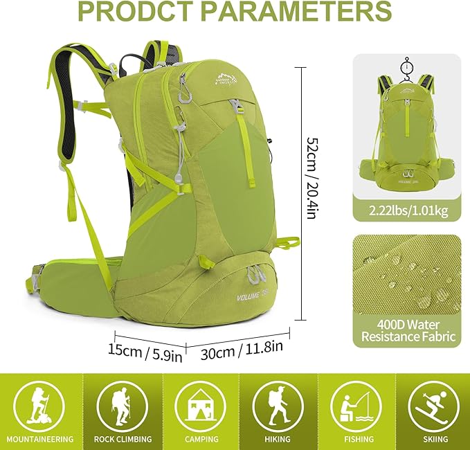 IX INOXTO Hiking Backpack, 26L/40L Waterproof Hiking Daypack with 3L Water Bladder and Rain Cover, Lightweight Travel Camping Backpack for Men Women (Fruit Green)