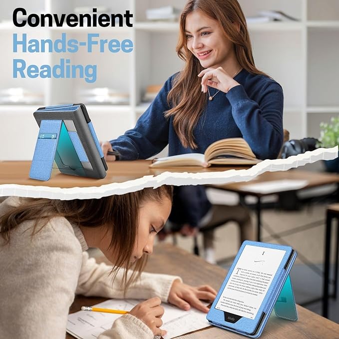 TNP Stand Case with Strap for Kindle Paperwhite 12th Gen 2024 / Kindle Colorsoft Signature Edition - 7" PU Leather Protective Folio Cover with Auto Wake/Sleep & Card Slot, Denim Blue
