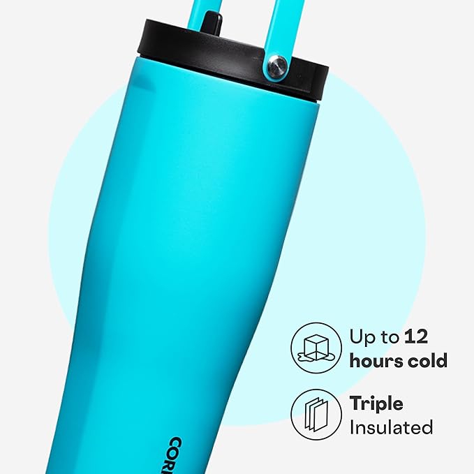 Corkcicle Go Cup XL - Leak-Proof Travel Tumbler - Triple Insulated Stainless Steel Water Bottle - Easy-Carry Handle - Summer Drinkware Gift - Keeps Drinks Ice Cold - 30 oz - Capri Blue