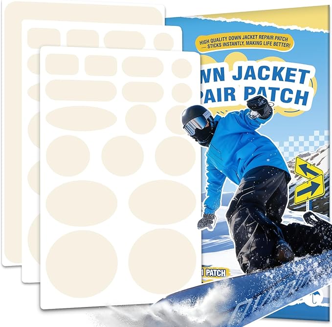 35Pcs Down Jacket Repair Patch Kit Pre-Cut Nylon Patches for Clothes Self-Adhesive Fabric Tape Waterproof Lightweight Outdoor Gear Tenacious Repair Tape for Puffer Jacket Coat Tent Backpack(Ivory)