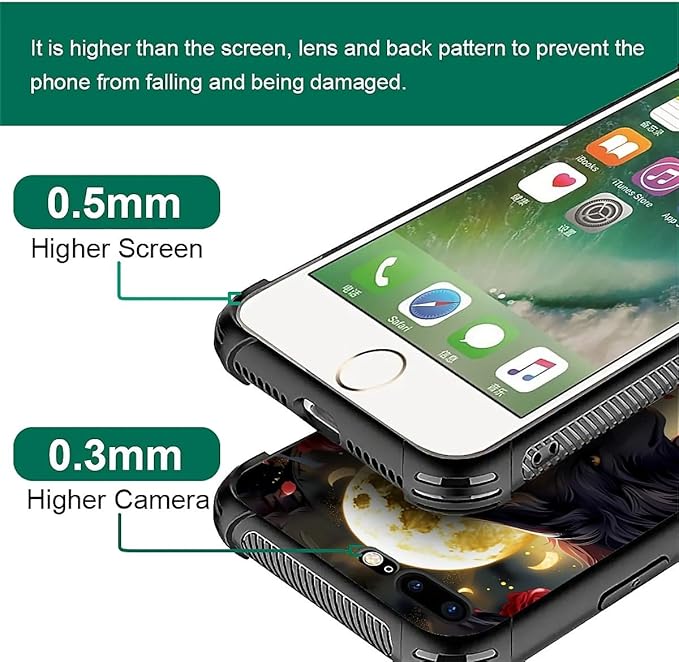 for iPhone 7/8 Case, Black White Wolf Moon Flower Rose Pattern Made of Soft Silicone Hard Acrylic Shock Protection for iPhone 7/8
