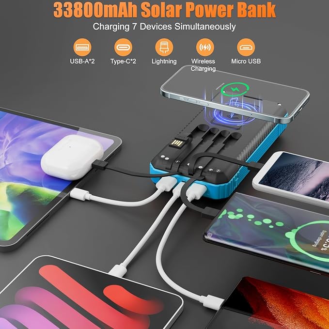 Solar Power Bank 33800mAh with Super Bright LED Flashlight, Built-in 4 Cables & Wireless Charging, Portable Charger with Compass, 7 Outputs & 4 Inputs for Camping/Hiking(Blue)