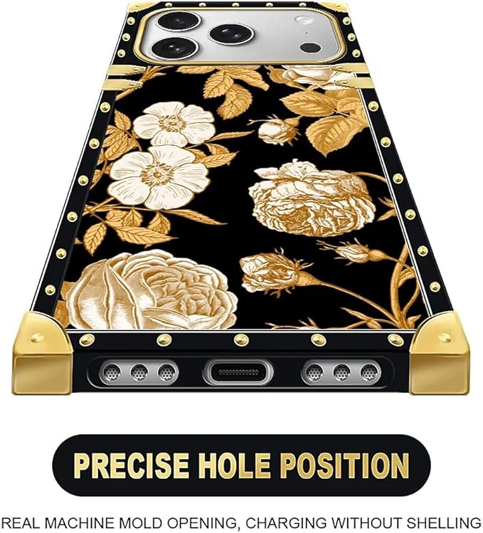 for iPhone 17 Pro Case Luxury Golden Decoration for Girl Women Soft TPU Shockproof Protective Hard PC Back for iPhone 17 Pro Crazy Pattern Blooming Rose Golden Flower