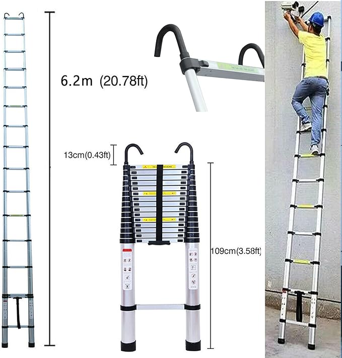 Extension Ladder 20.34 FT Telescoping Ladder with 2 Detachable Hooks & Rubber Feet Aluminum Multi-Purpose Extend Folding Step Ladders Extendable Loft Ladder 330lbs Capacity for Household Daily 6.2M