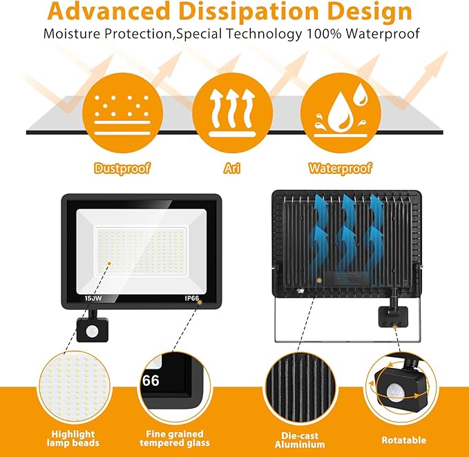 YANYCN 2 Pack 150W LED Motion Sensor Flood Light, 5000K Daylight, IP66 Waterproof, 17000 Lumens, Outdoor Security Dusk to Dawn Light for Garage, Front Porch, Barn
