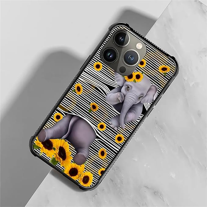 for iPhone 14 Pro Case, Cute Little Elephant Sunflower White Line Art Pattern Graphic Design Girl Boy Soft Silicone Hard Acrylic Shock Protection for iPhone 14 Pro