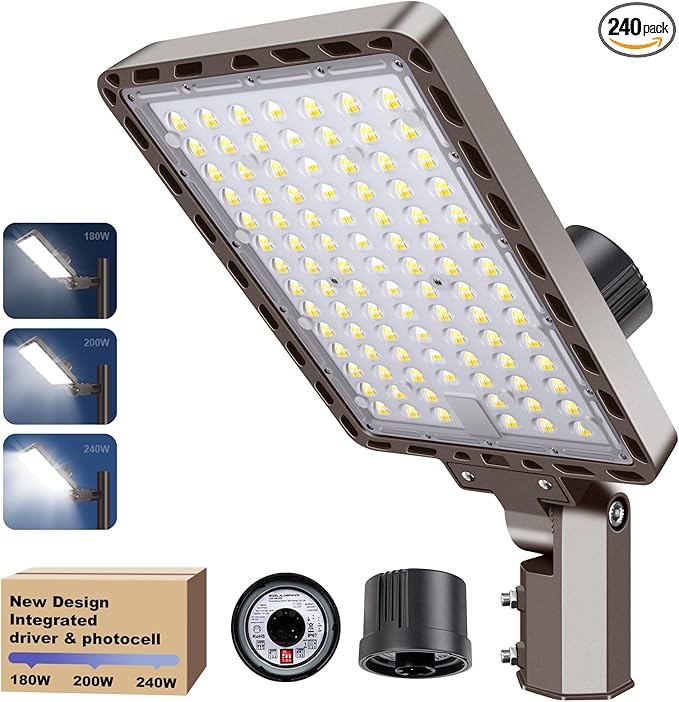 LED Parking Lot Light 240W/200W/180W, 36000LM Parking Lot Lights Outdoor 5 in 1 Dusk to Dawn Photocell IP65 Watereproof 100-277V LED Street Light Commercial for Stadium Barn Yard Lighting
