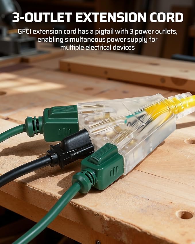 DEWENWILS 3FT GFCI Extension Cord Outdoor, 12/3 AWG SJTW Heavy Duty Power Cable, LED Lighted 3 Prong GFCI Plug for Pool Pump Multiple Appliances, Automatic Reset, Yellow, UL Listed, 2 Pack