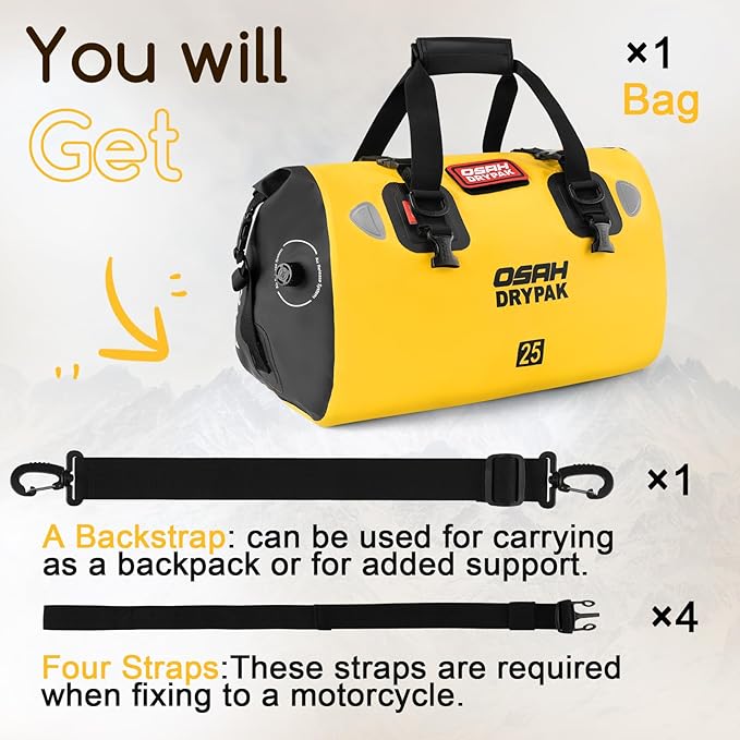 OSAH DRYPAK Waterproof Duffel Bag - Motorcycle Dry Bag Tail Bag with Large Storage Space, Waterproof Luggage Duffle Bags with Outer Mesh Zipper Pocket for Camping, Kayaking, Fishing & Traveling