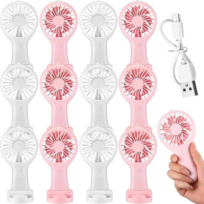 Woanger 12 Pcs Mini Handheld Fan Bulk 3 Speed USB Electric Battery Operated Small Portable Pocket Fan with Data Cable and Mounting Base Quiet Summer Gift for Wedding Camping Travel(Pink and White)