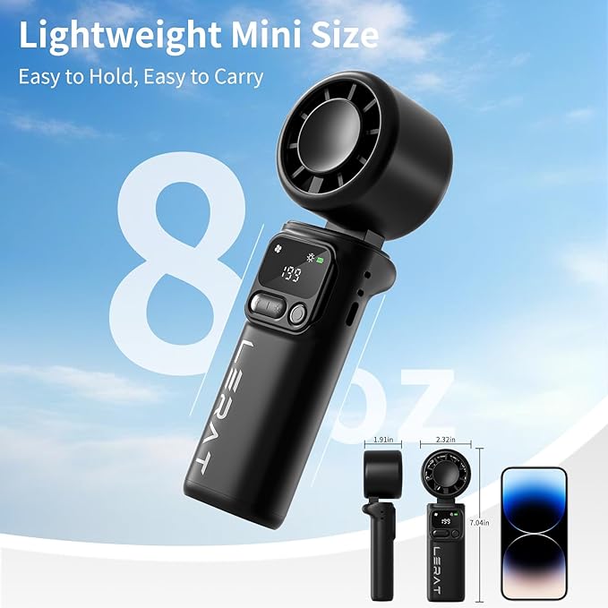 Lerat Portable Handheld Turbo Fan, 5-Speed High Power Mini Fan, 4000mAh Rechargeable Battery Operated, 3-in-1 Foldable Personal Fan for Travel, Beach, Cruise, Gifts for Women Men, Black