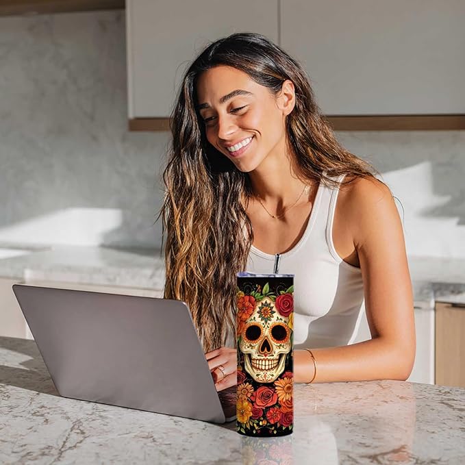 Firmiso 20 oz Tumbler｜Skinny Insulated Travel Mug｜Sugar Skull Floral Design Stainless Steel Cup with Lid and Telescopic Straw｜Gothic Boho Drinkware｜Day of the Dead Gift Idea for Women and Men
