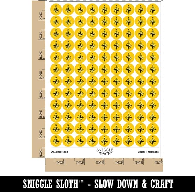 Compass Rose Nautical Star Navigation Map 200+ Round Stickers - Gloss Finish - 0.50" Size - Yellow