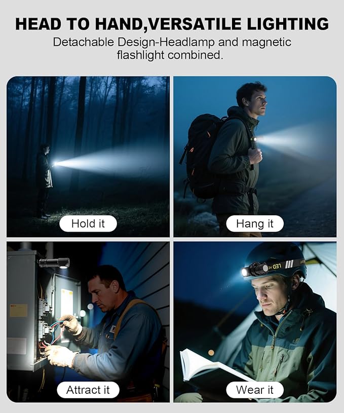 2 in 1 Detachable Flashlight & Headlamp, LED Rechargeable Head Lamp High Lumens for Adults - Hard Hat Light Running Headlight with Red Light, Magnet, 180° Tilt, Outdoor, Emergency1PC