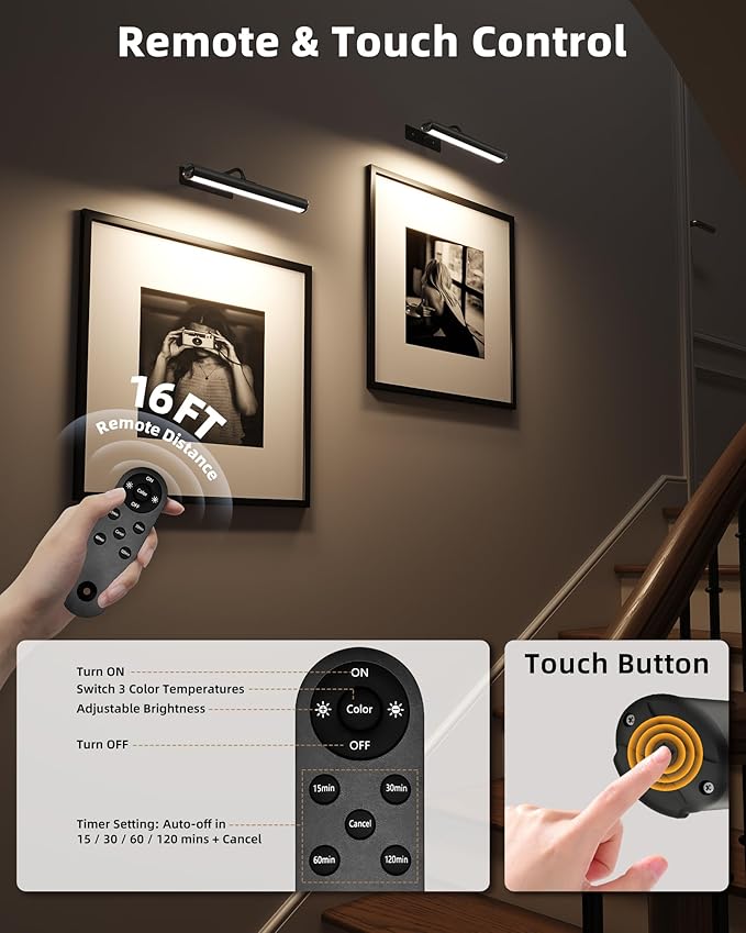 EZVALO 13-Inch Wireless Picture Light, 4000mAh Rechargeable Battery LED Art Light with Remote, Dimmable 3 Color Temps Painting Light for Living Room, Bedroom, Hallway (Black)