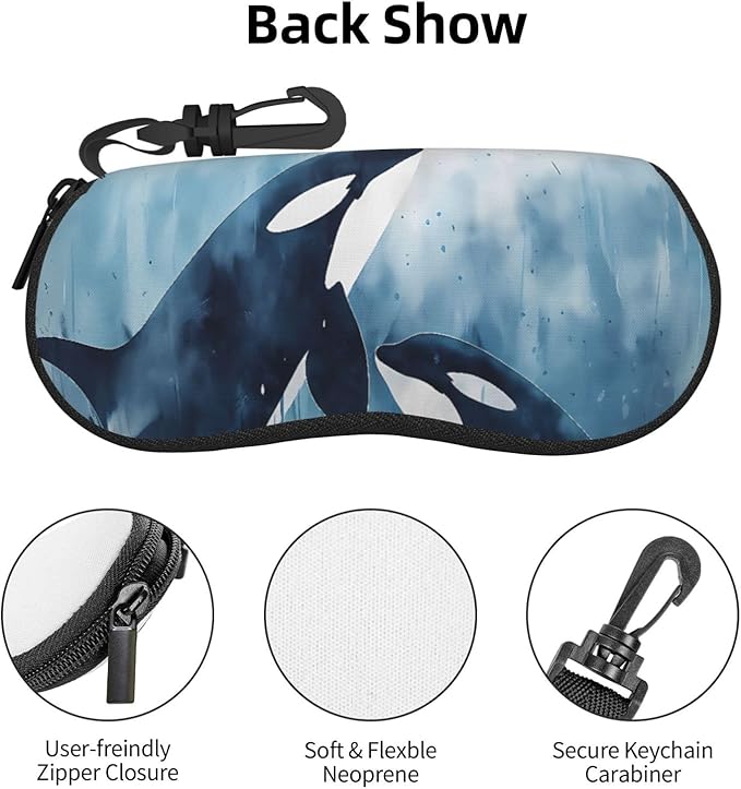 Watercolor Orca Whale Glasses Case Neoprene Portable Zipper Eyeglass Bag With Hook