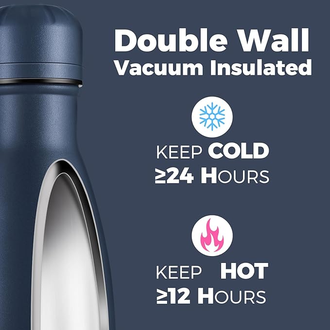 Volhoply 17oz Insulated Stainless Steel Water Bottle, Double Wall Vacuum Flask, Keeps Cold 24h & Hot 12h, Available in Packs of 1, 4, 8, or 12（Nvay,1 Pack）