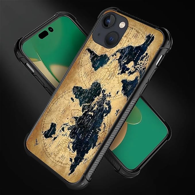 for iPhone 14 Case, Brown World Map Pattern Graphic Design Girl Boy Soft Silicone Hard Acrylic Shock Protection for iPhone 14