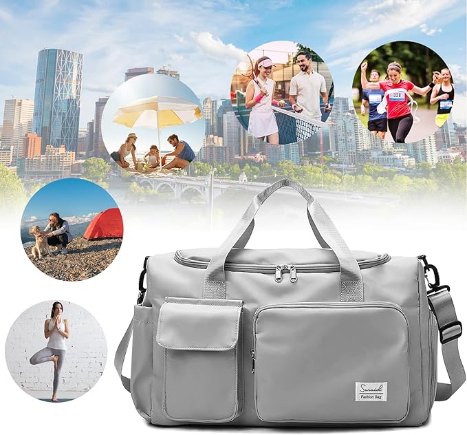 Suruid Sports Gym Duffel Bag with Shoes Compartment and Dry Wet Separated Pocket for Men and Women - Overnight Weekender Training Handbag Yoga Bag - Gray