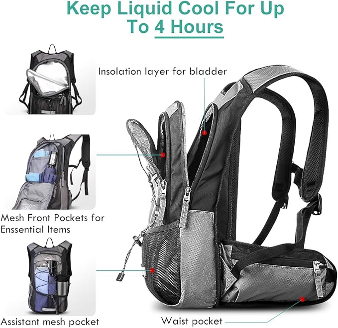 Mothybot Insulated Hydration Backpack Pack with 3L BPA Free Leak Proof Water Bladder, Large Storage Lightweight Hiking Daypack with Waist Pouches & Cooler Layer, for Running, Biking, Camping, Festival