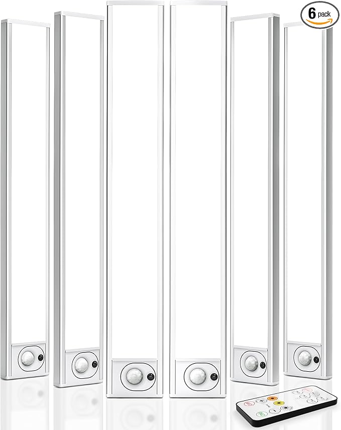 6Pack 16inch Under Cabinet Lighting, Rechargeable Motion Sensor Light Wireless Indoor, Dimmable 3 Color Temps Closet Lights with Remote, Under Counter LED Lights for Kitchen, Stairs