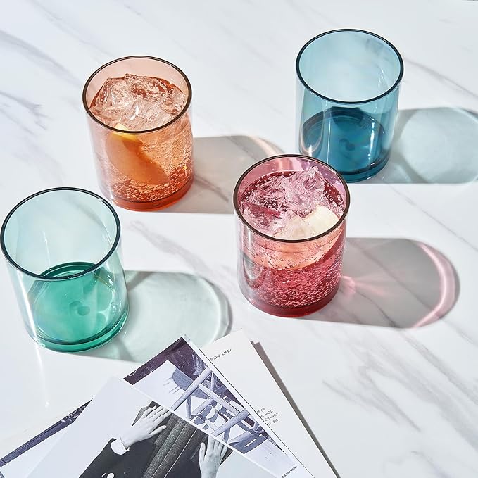 Khen Classic Plastic Reusable Tumbler Drinking Glasses (4 Set) Jewel Muted Colors 13oz Acrylic Unbreakable Water Lowball DOF Juice, Wine | BPA-Free | Top-Rack Dishwasher Safe, Tritan Shatterproof