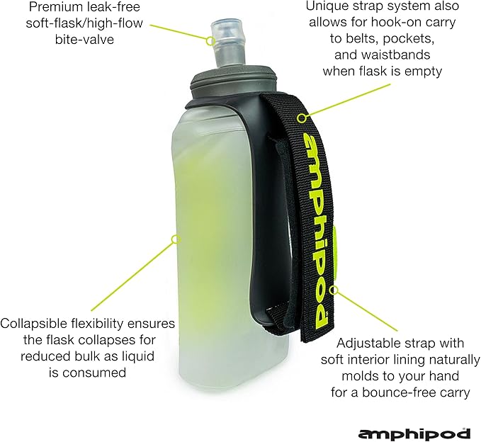 Amphipod Soft-Tech Minimalist Handheld Soft Flask, Collapsible Runners' Water Bottle with Hand Strap for Running, Marathons, & Sports Training