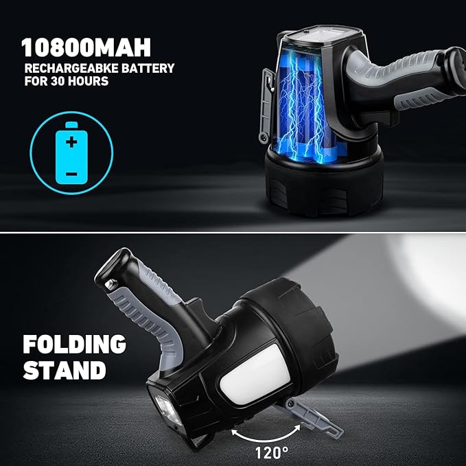 LBE Rechargeable Spotlight Outdoor, 2,000,000 Lumens Led Spotlight Flashlight with Cob Light and Foldable Tripod, 6 Modes Waterproof Handheld Spot Light for Outdoor Marine Boating Hµnting