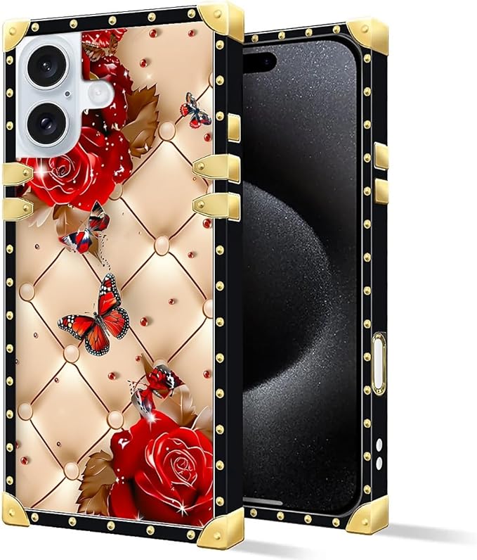 Compatible with iPhone 16 Plus Case, Shining Red Rose Butterfly Leather Background Luxury Golden Decoration for Girl Women Soft TPU Shockproof Protective Hard PC Back