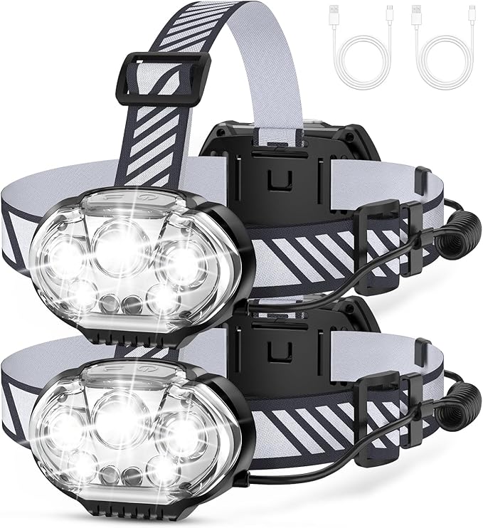 MIOISY Rechargeable Headlamp, High Lumen 5 LED Head Lamp with Red White Light,IPX4 Waterproof Headlight,8 Mode Head Flashlight for Outdoor Running Hunting Fishing Hiking Camping Gear-2Pack