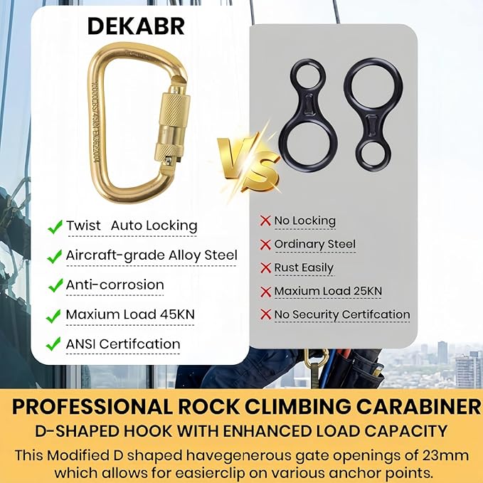 DEKABR Carabiner Heavy Duty, 45KN Twist Lock Steel Auto Locking Climbing Carabiner for Rock and Tree Climbing, Camping, Rappelling, Rescue and Mountaineering – ANAB Certified, Large, Gold