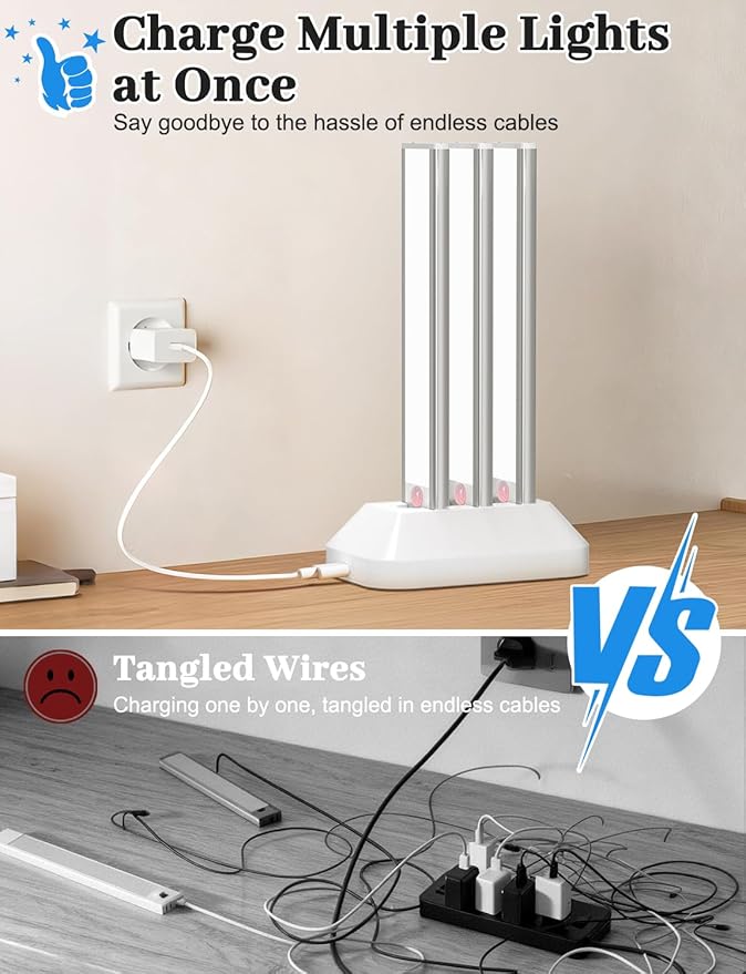 Under Cabinet Lighting with Charging Station, 2000mAh Rechargeable Motion Sensor Light Indoor, 3 Color Tempers Dimmable Closet Lights Wireless, Magnetic Under Cabinet Lights for Kitchen, 3-Pack