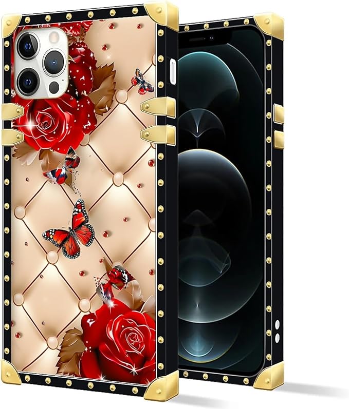 Compatible with iPhone 11 Pro Max Case, Shining Red Rose Butterfly Leather Background Luxury Golden Decoration for Girl Women Soft TPU Shockproof Protective Hard PC Back