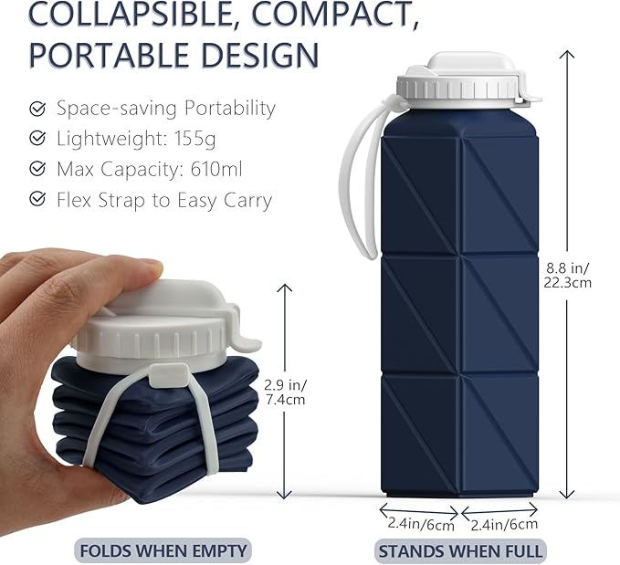BEAUTAIL Collapsible Water Bottles with Straw 20.6oz, Silicone Foldable Portable Water Bottle, BPA-Free, Leakproof Reusable for Travel Camping Hiking Cycling Yoga Sports, 1 Pack (Dark Blue)