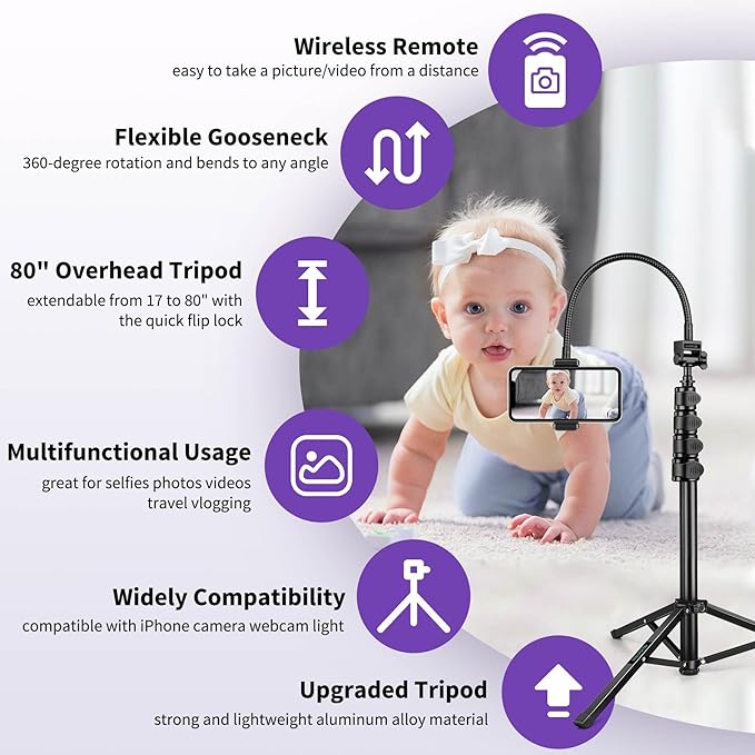 Nineigh 80" Phone Tripod, Selfie Stick Cellphone Tripod, Aluminum Tripods Stand for Video Photo Vlog, Travel Tripods with Gooseneck Remote Phone Holder, Compatible with iPhone Android Smartphone