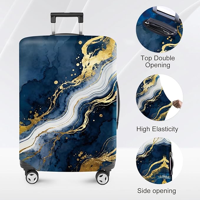 ANNA QUEEN Blue Abstract Marble Travel Luggage Cover -Stretchable Airplane Suitcase Protector Sleeve,Universal Washable Fit for 20-26 Inch Checked Baggage,Water Resistant Durable Luggage Protector