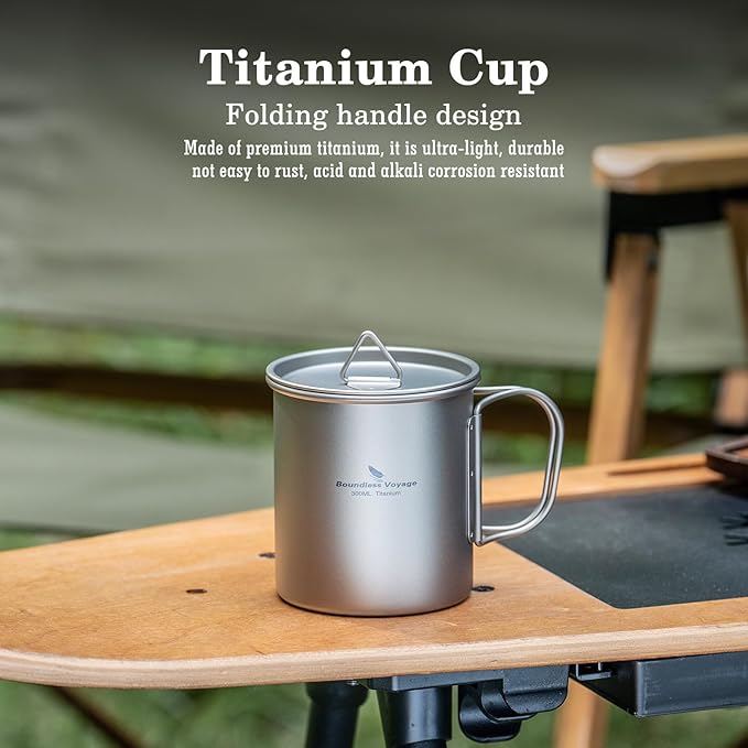 Boundless Voyage Titanium Camping Mug with Lid 300ml 450ml 750ml Lightweight Folding Handle Cup for Outdoor Backpacking Hiking Travel Durable Portable (300ml)