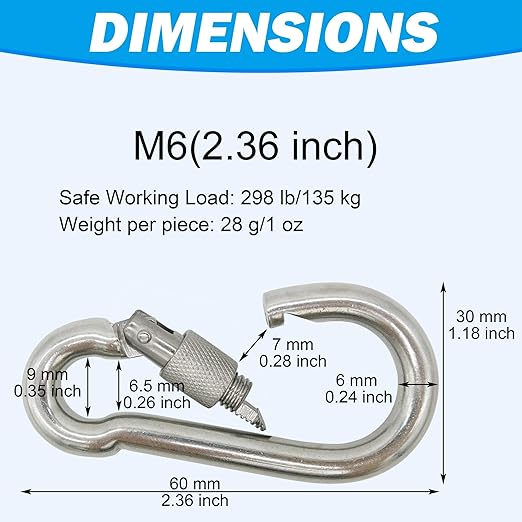 304 Stainless Steel Carabiners -2.36 inch Heavy Duty, Durable & Rust-Free Clips for Gym, Swing, Dog Leashes, Hammocks, Keychains, and More(304,M6 with Screw,Pack of 6)