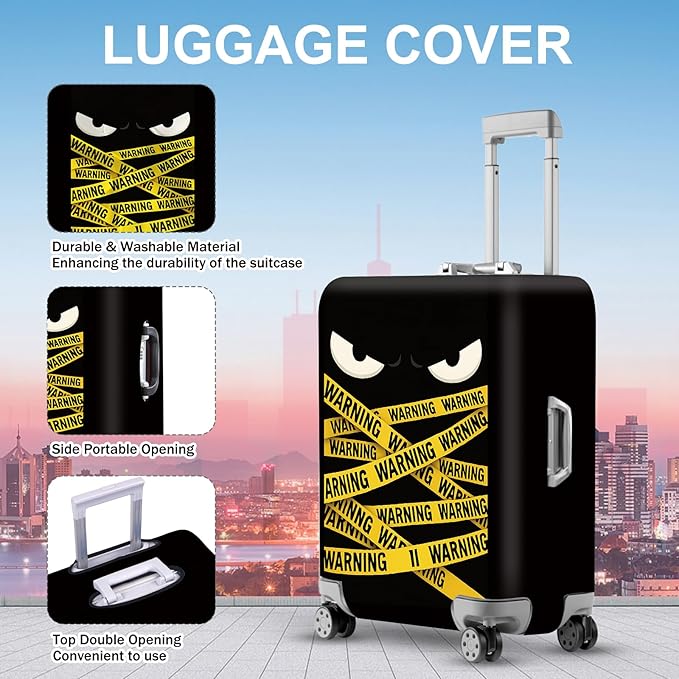 ANNA QUEEN Warning Tape Luggage Cover, Funny Eyes and Yellow Tape Design Suitcase Protector, Stretchable Washable Travel Sleeve for 32-34 Inch Luggage