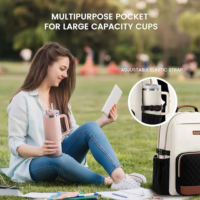 LOVEVOOK Laptop Backpack for Women with Pouch Pocket for Large Capacity Cup,17 Inch Teacher Nurse College Work Travel Backpack Purse,Waterproof Laptop Computer Bags,Beige-Black-Brown+Diamond-shaped