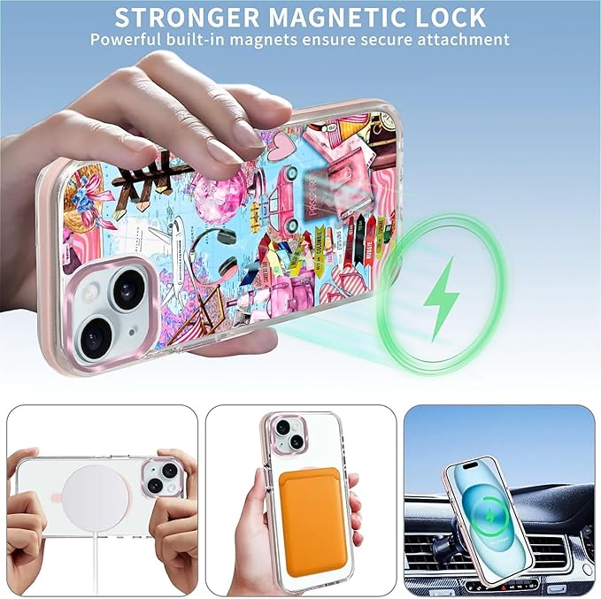 Case for iPhone 14 Plus/15 Plus,[Compatible with MagSafe],Cover Holiday Trip World Map Phone Case Design，for Women Girls Magnetic Clear Cover - Slim, Sleek, & Shockproof Protection