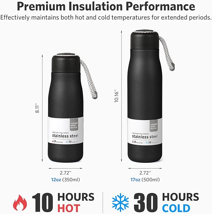 Water Bottles with Portable Lid，Hydro Insulated Thermal Flask for Hot or Cold Drinks 350ml Stainless Steel Metal Reusable Water Bottle for Kids, Adults, Midnight Black