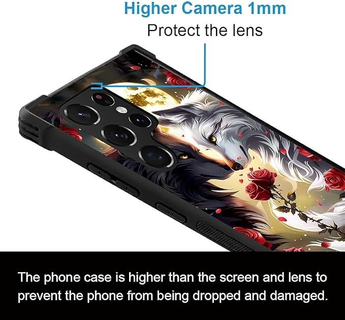 for Samsung Galaxy S22 Ultra Case, Black White Wolf Moon Flower Rose Pattern Graphic Design Girl Boy Soft Silicone Hard Acrylic Shock Protection for Samsung Galaxy S22 Ultra