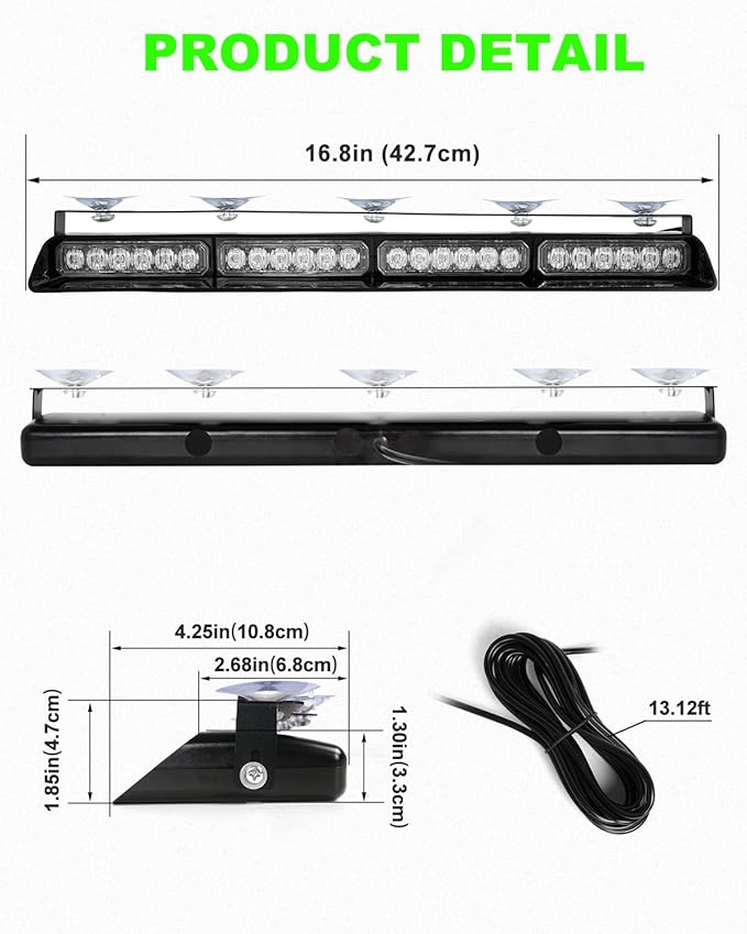 HLauto 6Z4J Emergency Dash Strobe Lights: 2x16.8 inch Green Safety Lights, 48 LED Flashing Warning Hazard Interior Windshield Visor Traffic Light Bar for Trucks, Construction Vehicles
